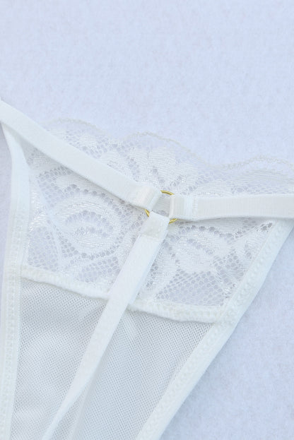 3 piezas set de lencería de malla de encaje con liguero de plumas 