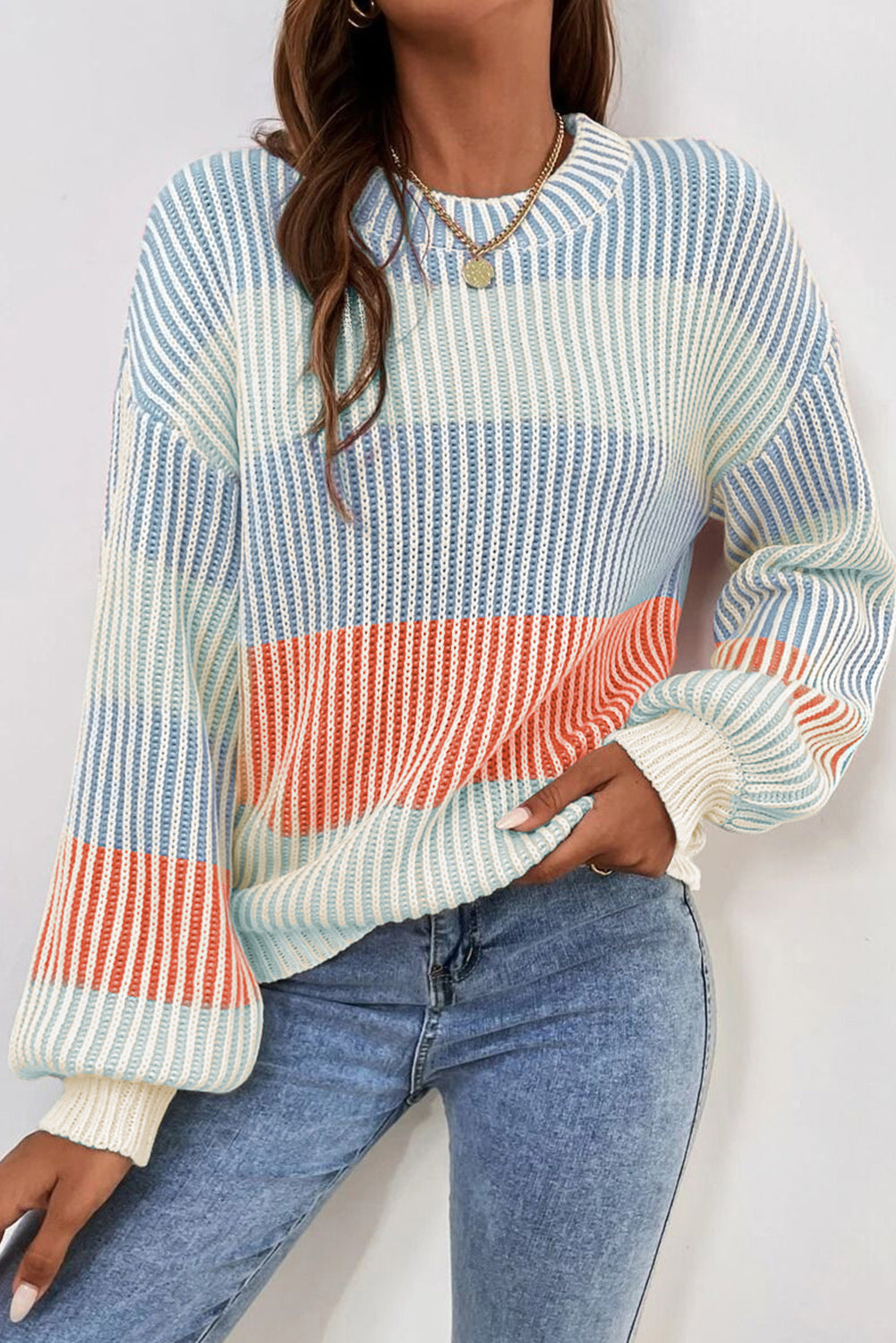 Pull à manches bouffantes en tricot texturé multicolore colorblock