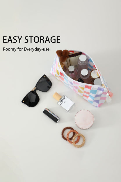 Red Checkered Vinyl Waterproof Tassel Zipper Makeup Bag
