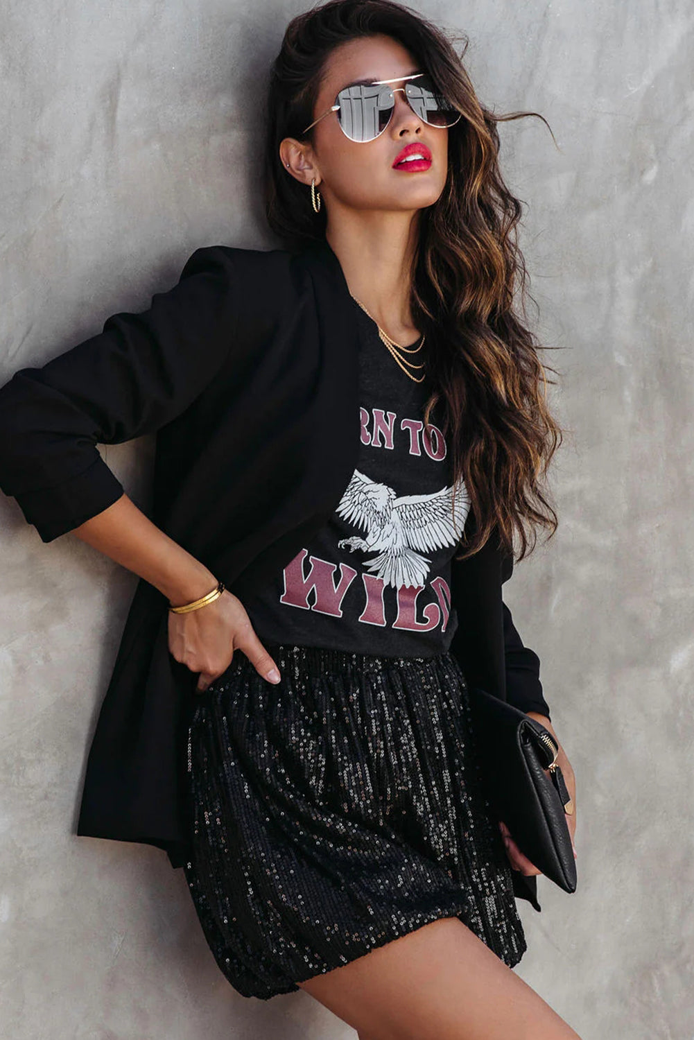 Short décontracté taille haute à jambe droite et paillettes noires