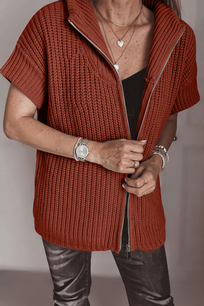 Cinnamon Solid Color Short Sleeve Zipper Knit High Neck Sweater