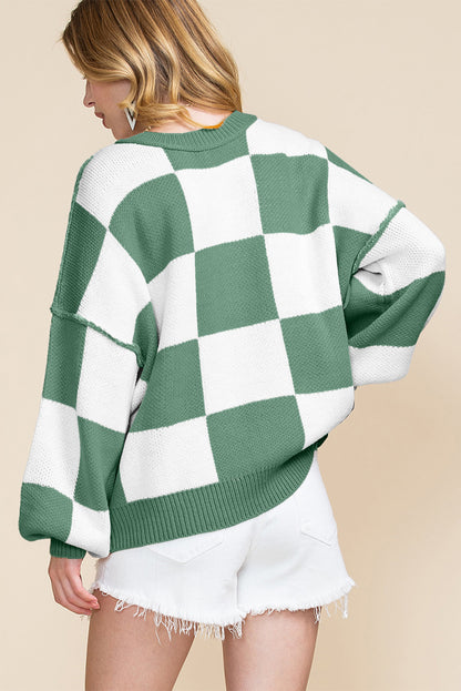 Dark Brown Checkered Bishop Sleeve Sweater