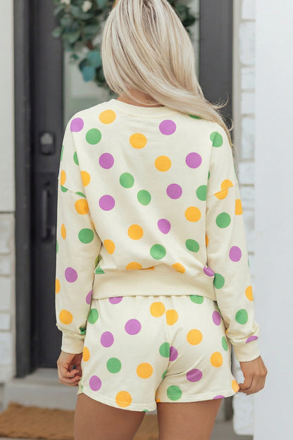 Multicolour Polka Dot Print Drop Shoulder Pullover Drawstring Shorts Set
