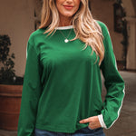 Bright Green Varsity Striped Accent Contrast Crew Neck Long Sleeve T Shirt