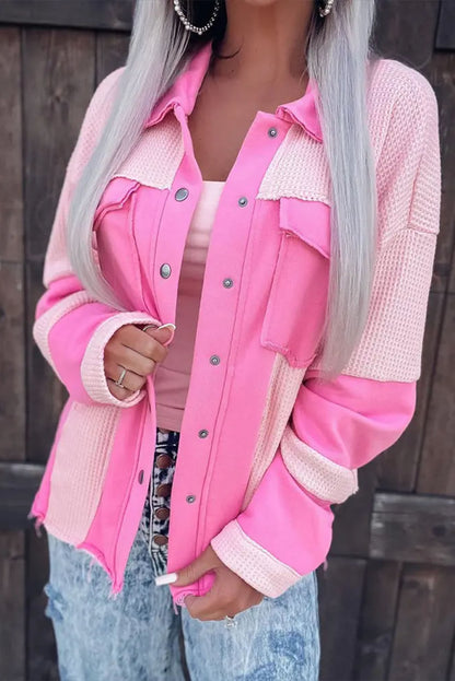 Veste-chemise à poches en patchwork gaufré rose colorblock 