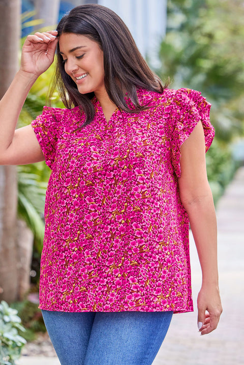 Floral Print Ruffle Sleeve Plus Size Shift Top