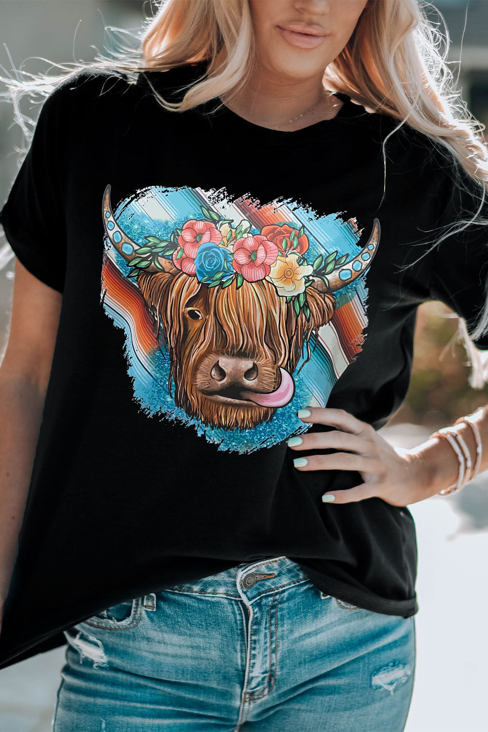 T-shirt graphique à manches courtes avec motif floral et drapeau américain