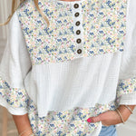 Sky Blue Floral Print Gauze Patchwork Henley Button 3/4 Sleeve Blouse