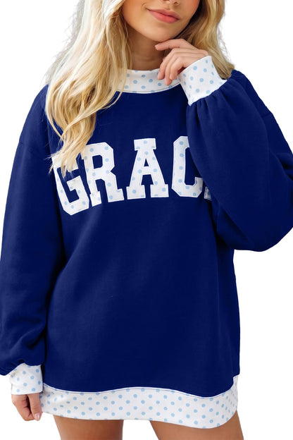 Dirty blue Polka Dot Trim High Neck GRACE Letter Graphic Baggy Sweatshirt