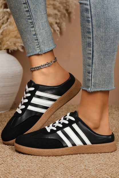 Color black PU Leather Color Block Varsity Lace Up Flat Shoes