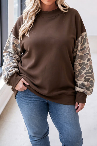 Coffee Mock Neck Camo Patchwork Drop Shoulder Plus Size Sweatshirt