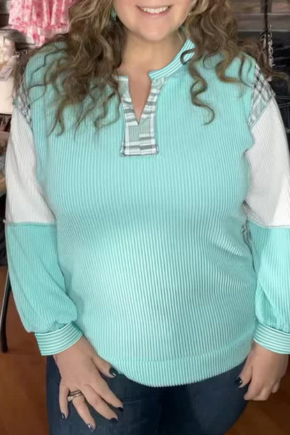 Aruba Blue Twist Ribbed Color Block Plaid Patchwork Plus Size Long Sleeve Top