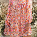 Khaki Abstract Printed Long Sleeve Tied Neckline Mini Dress