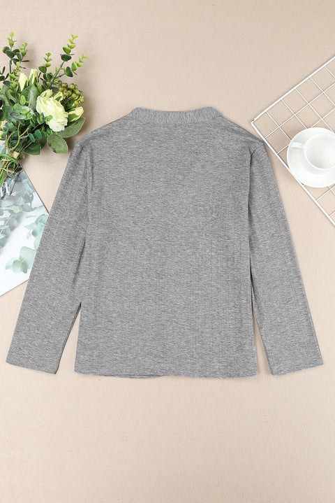 Buttons Front Split Neck Rib Knit Pullover Top