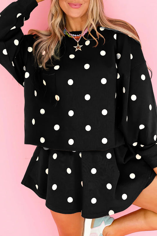 Black Polka Dot Raw Hem Relaxed Pullover Loose Skort Two Piece Set