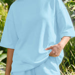 Mist Blue Solid Color Exposed Seam Mock Neck Oversize Tee Casual Shorts 2pcs Outfit
