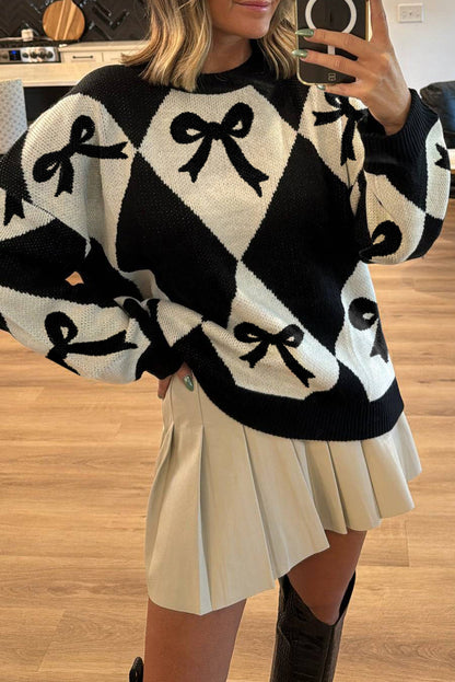 Black Bow Print 2-tone Rhombus Knit Loose Sweater