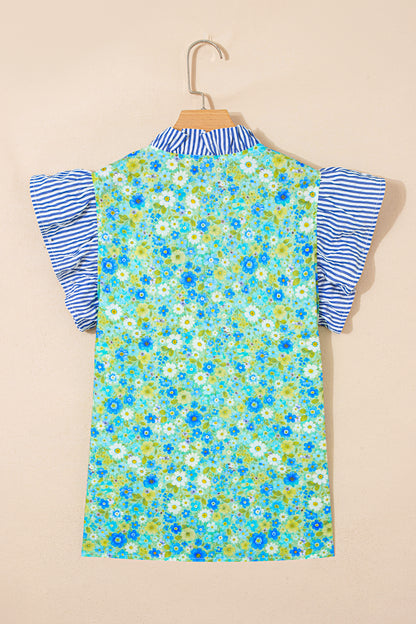 Green Floral Painting Print Striped Patchwork Flutter Sleeve V Neck Blouse