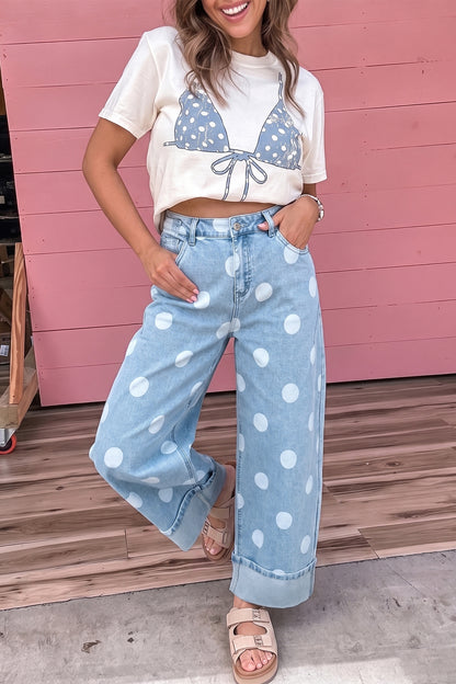 Sky Blue Polka Dot Ankle-Length Metal Button Casual Jeans