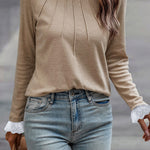 Parchment Seam Detail Lace Contrast Cuffs Raglan Sleeve Top