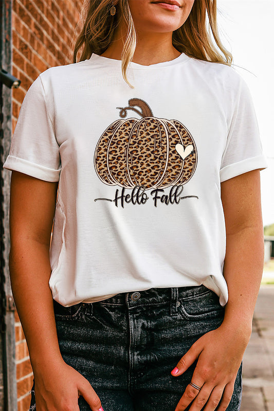 T-shirt blanc à imprimé léopard et citrouille Hello Fall
