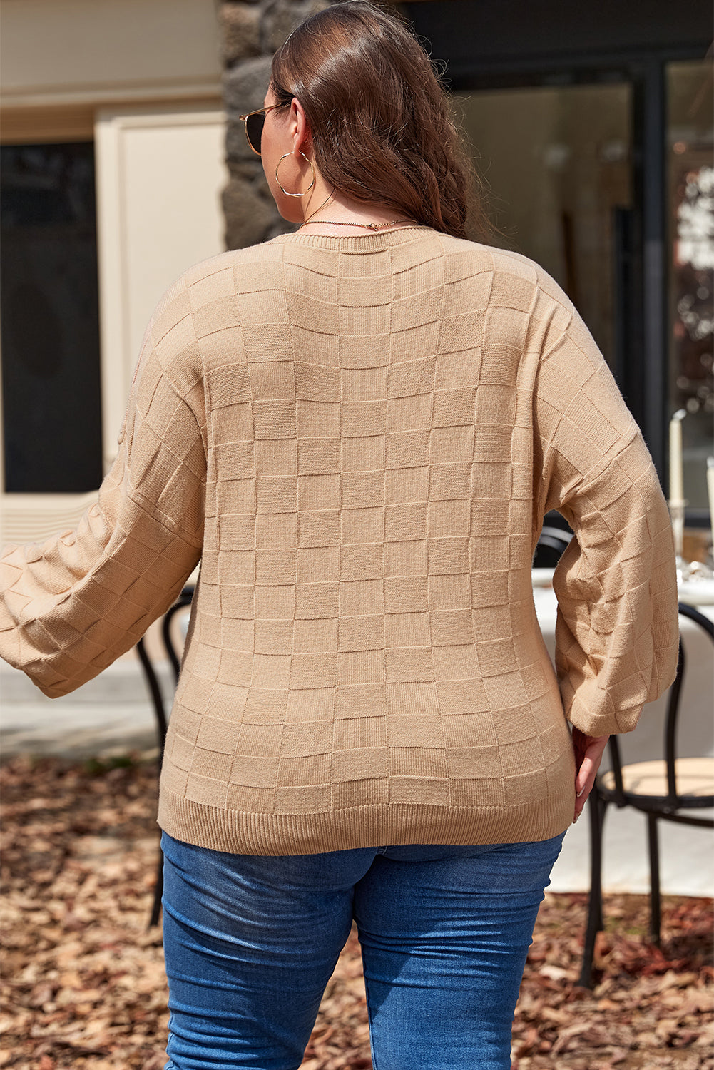 Pull en tricot texturé à carreaux uni beige clair grande taille
