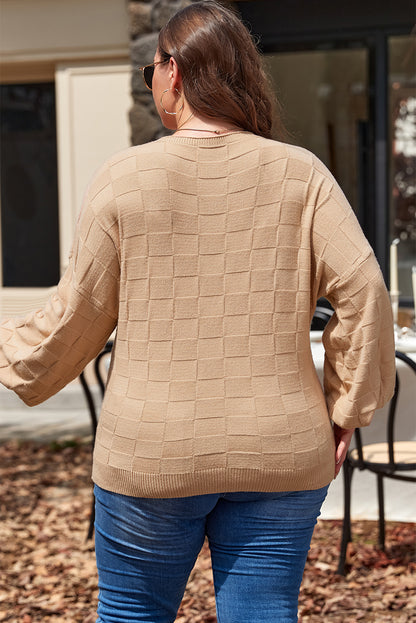 Pull en tricot texturé à carreaux uni beige clair grande taille