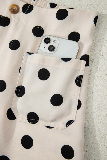 White Polka Dot Print Patched Pocket Mid-rise Straight Leg Pants