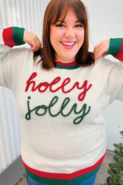 Pull grande taille à épaules tombantes et bordures colorblock à motif Holly Jolly et guirlandes blanches