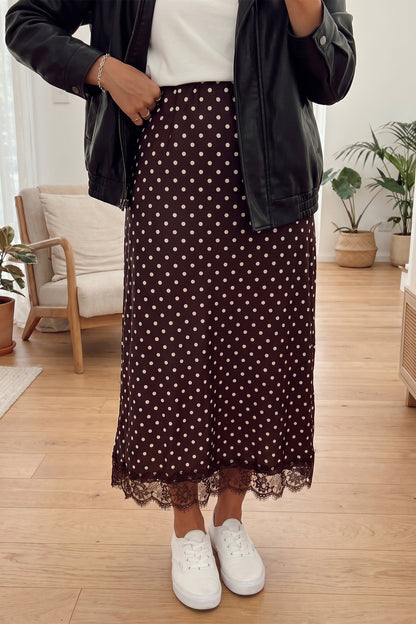 Brown Polka Dot Lace Hem Elegant Long Shift Skirt