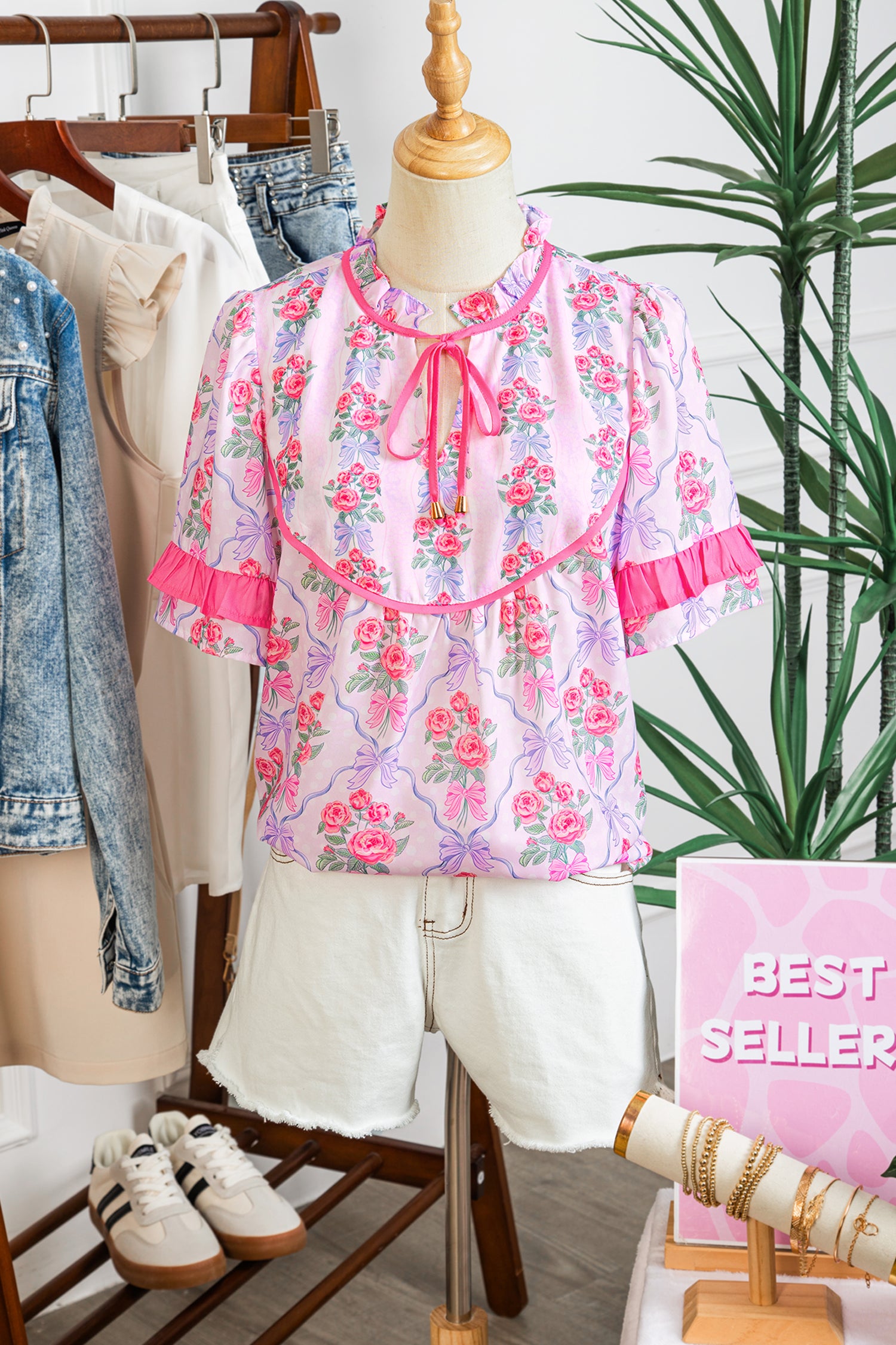 Purple Coquette Floral Bow Printed Contrast Ruffled Short Sleeve Blouse