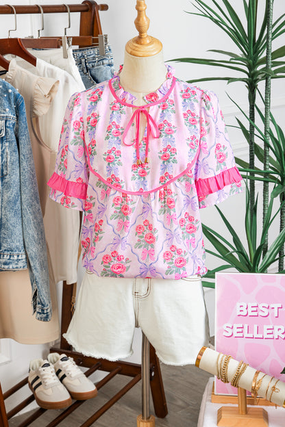 Purple Coquette Floral Bow Printed Contrast Ruffled Short Sleeve Blouse