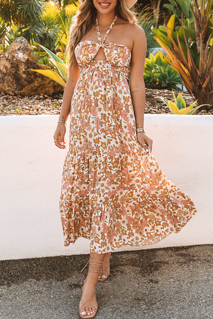 Multicolor Halter Flower Print Cut out Front Backless Long Dress