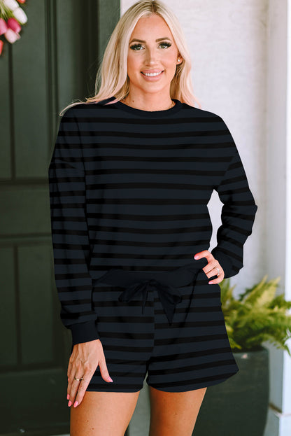 Gray Printed Leopard Long Sleeve Satin Tie Shorts Two Piece Set