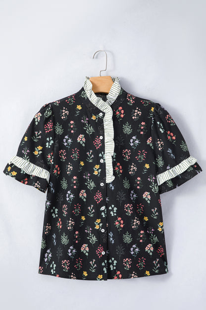 Black Contrast Frilled Trim Short Sleeve Floral Shirt