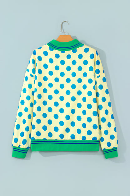 Yellow Polka Dot Striped Trim Mock Neck Sweatshirt