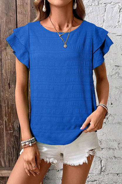 Dark Green Textured Ruffled Sleeve Round Neck Top