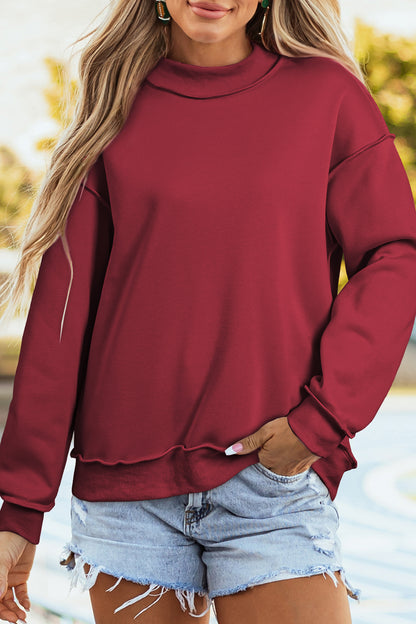 Red Dahlia Oversize Drop Shoulder Reversible Mock Neck Sweatshirt