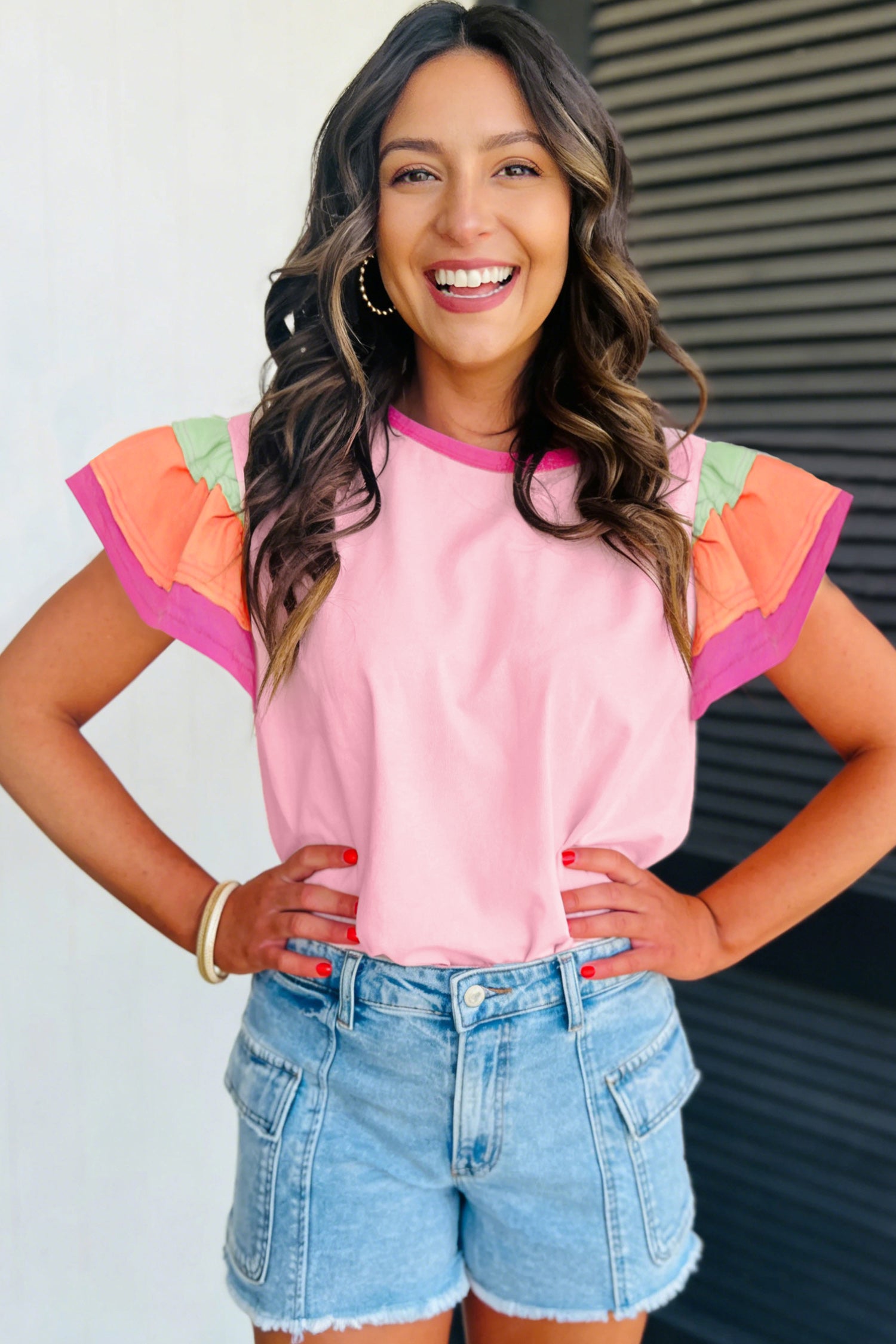 Pink Colorblock Flutter Sleeve Round Neck T Shirt