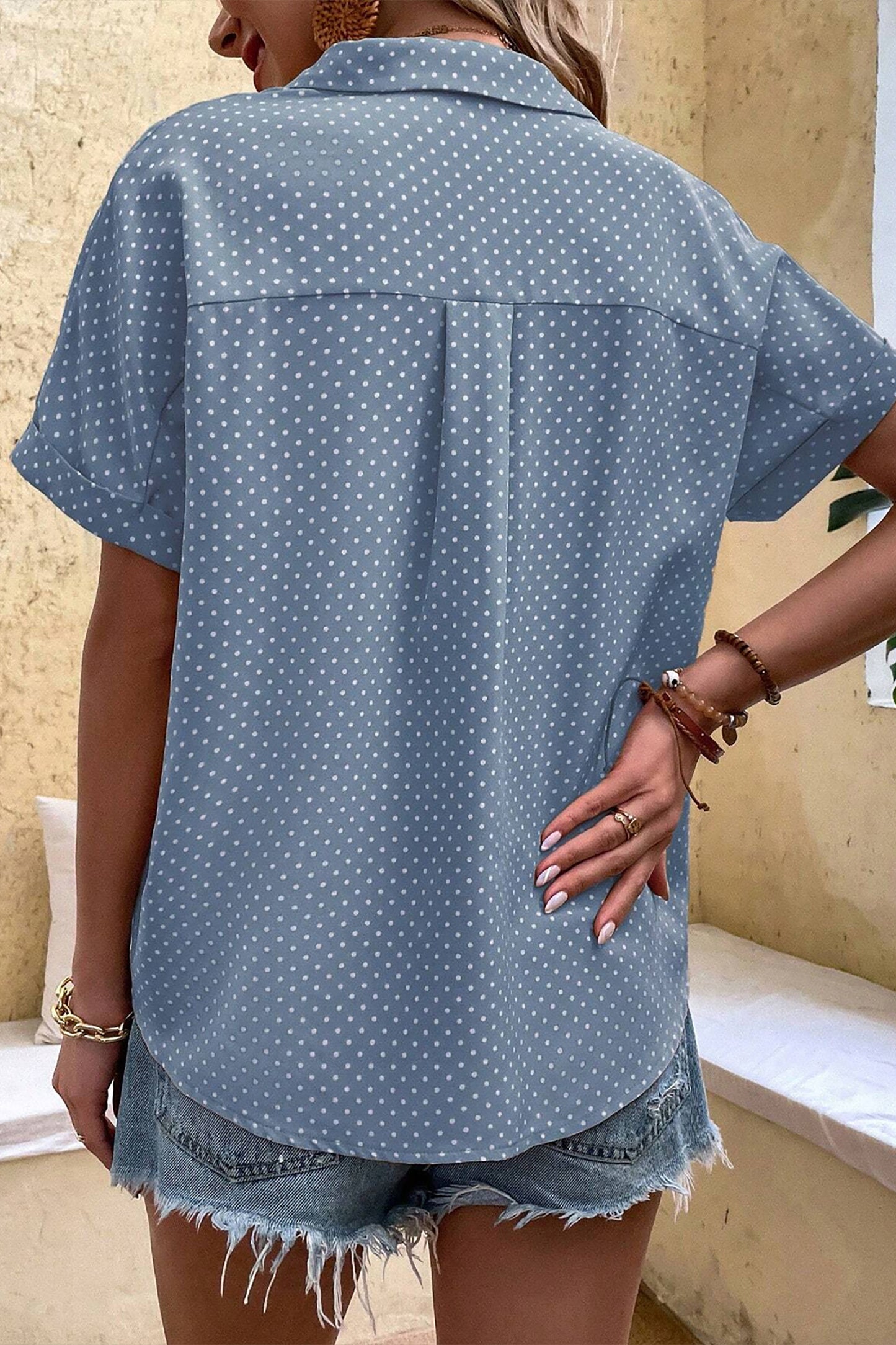 Sky Blue Dotted Print Cuffed Short Sleeve Shirt