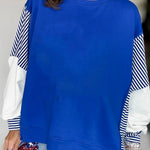 Dark Blue Striped Patchwork Sleeve Colorblock Sweatshirt