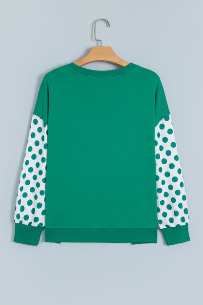Green Polka Dot Patchwork Sleeve Crew Neck Loose Pullover Sweatshirt