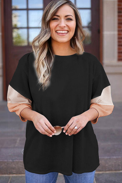 Haut à manches courtes en tricot côtelé à blocs de couleur gris carbone