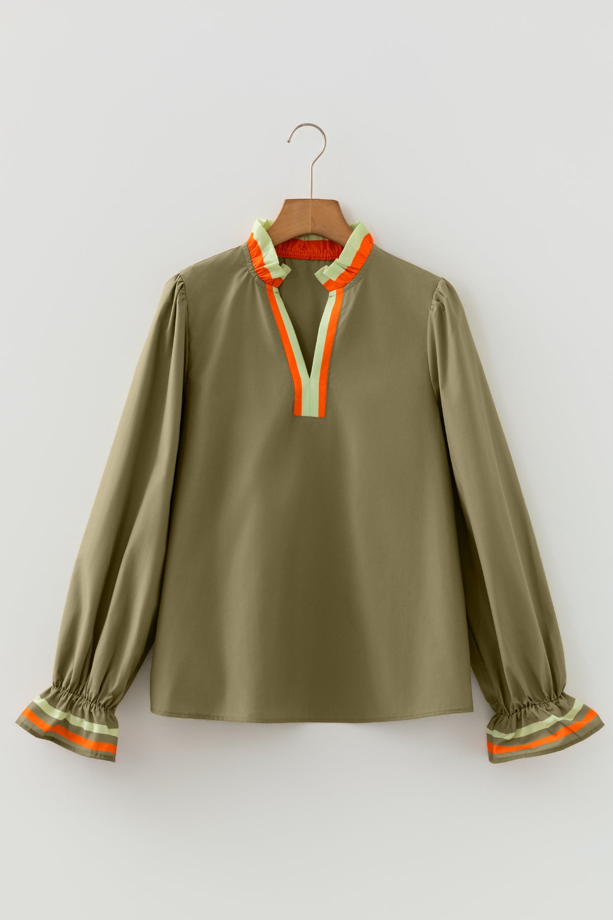 Four Leaf Clover Striped Trim Ruffle Split Neck Long Sleeve Blouse