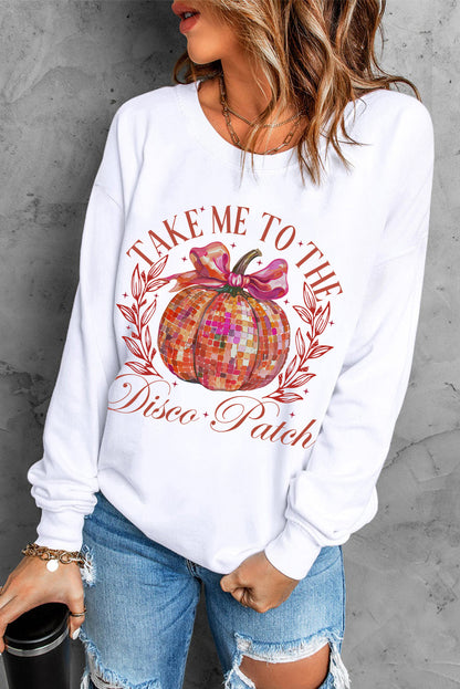 Beige Halloween Disco Ball Pumpkin Print Pullover Sweatshirt