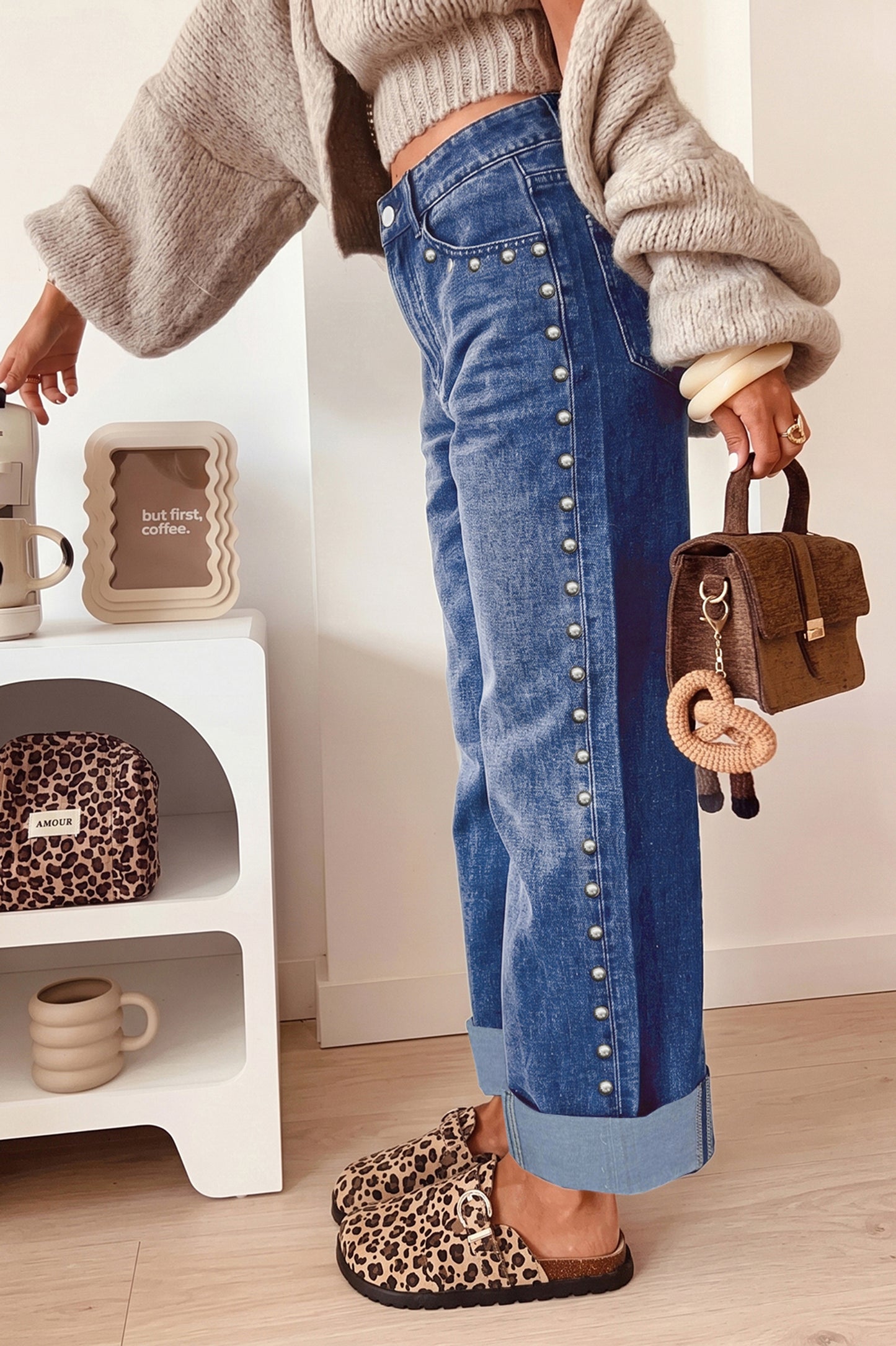 Navy Blue Studded Detail Straight Leg Casual Loose Jeans