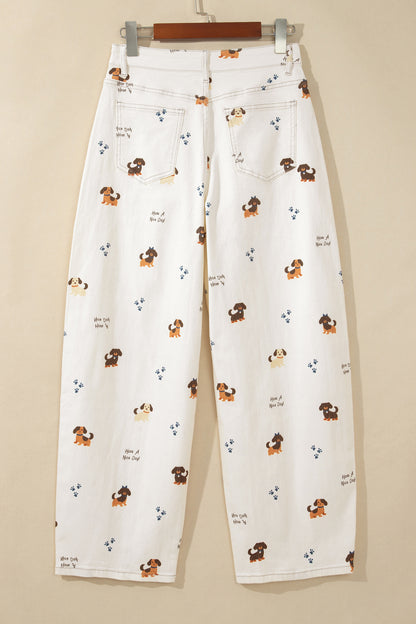 White Abstract Dog Print Wide Leg Full-Length Jeans
