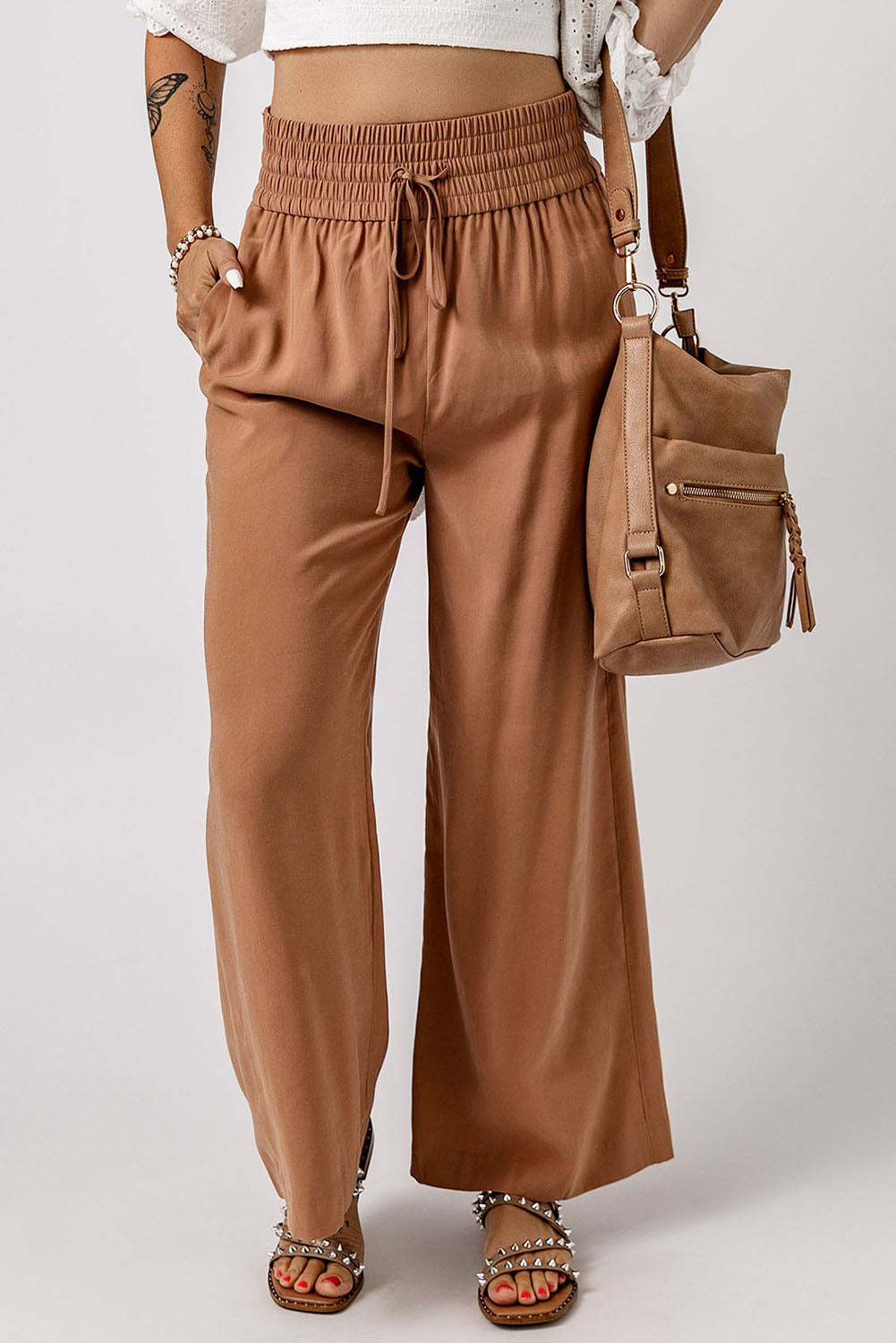 Drawstring Elastic Waist Casual Wide Leg Pants