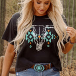 Carbon Grey Vintage Western Bull Head Skull Turquoise Aztec Graphic T Shirt