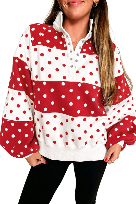 Red Polka Dot Colorblock Half Zip Puff Sleeve Pullover Sweatshirt